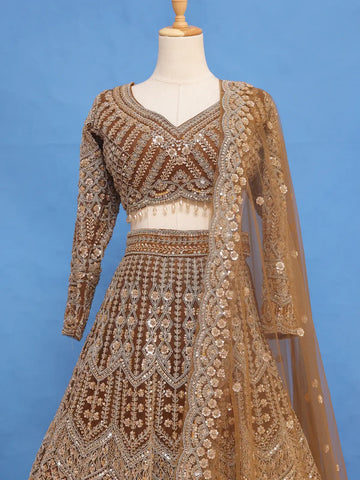 Golden Brown Heavy Embroidered Design Net Lehenga - Diadem