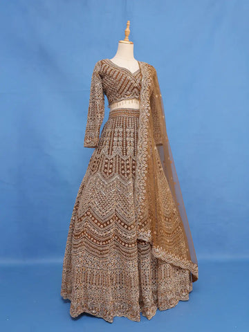 Golden Brown Heavy Embroidered Design Net Lehenga - Diadem