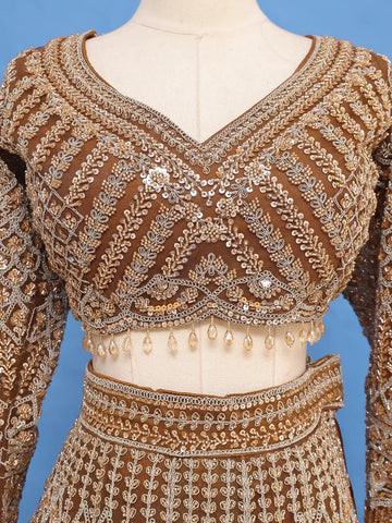 Golden Brown Heavy Embroidered Design Net Lehenga - Diadem