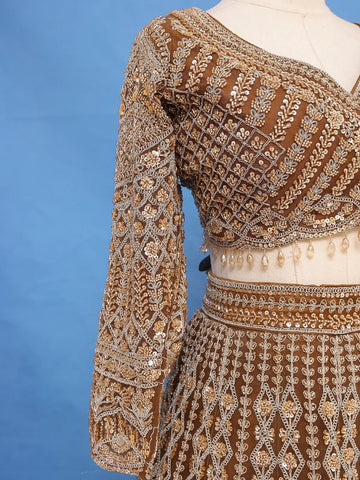Golden Brown Heavy Embroidered Design Net Lehenga - Diadem