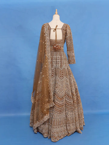 Golden Brown Heavy Embroidered Design Net Lehenga - Diadem