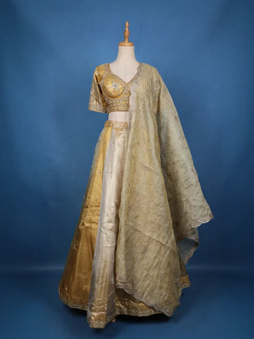 Golden Floral Embroidered Organza Lehenga Set With Dupatta - Diadem