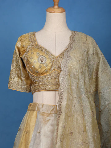 Golden Floral Embroidered Organza Lehenga Set With Dupatta - Diadem