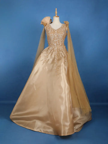 Golden Floral Sequins And Beads Embellished Satin Bridesmaids Gown - Diadem