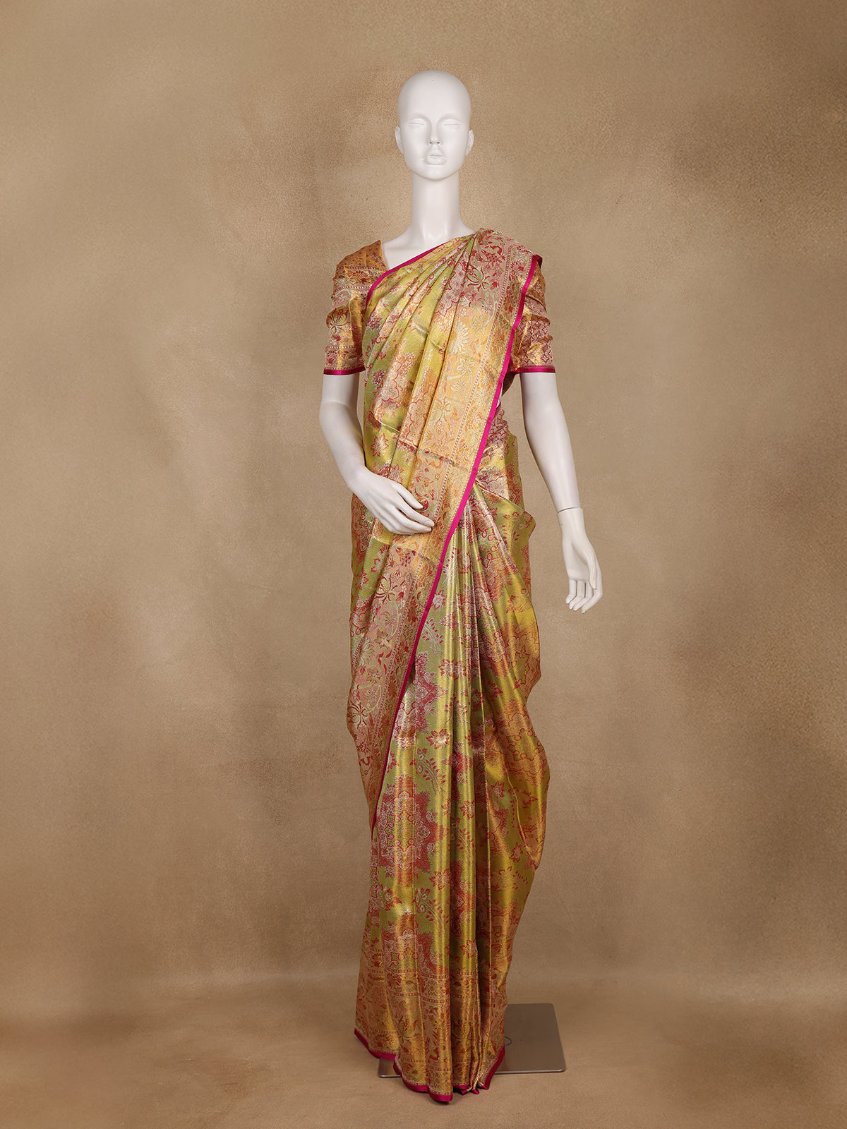 Golden Green Floral Woven Design Pure Kanchipuram Silk Saree