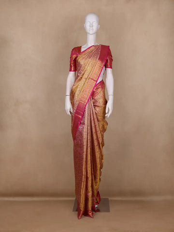 Golden Yellow with Pink Floral Design Pure Kanchipuram Silk Saree - Diadem