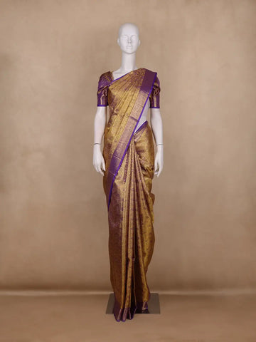 Golden Yellow with Purple Floral Design Pure Kanchipuram Silk Saree - Diadem