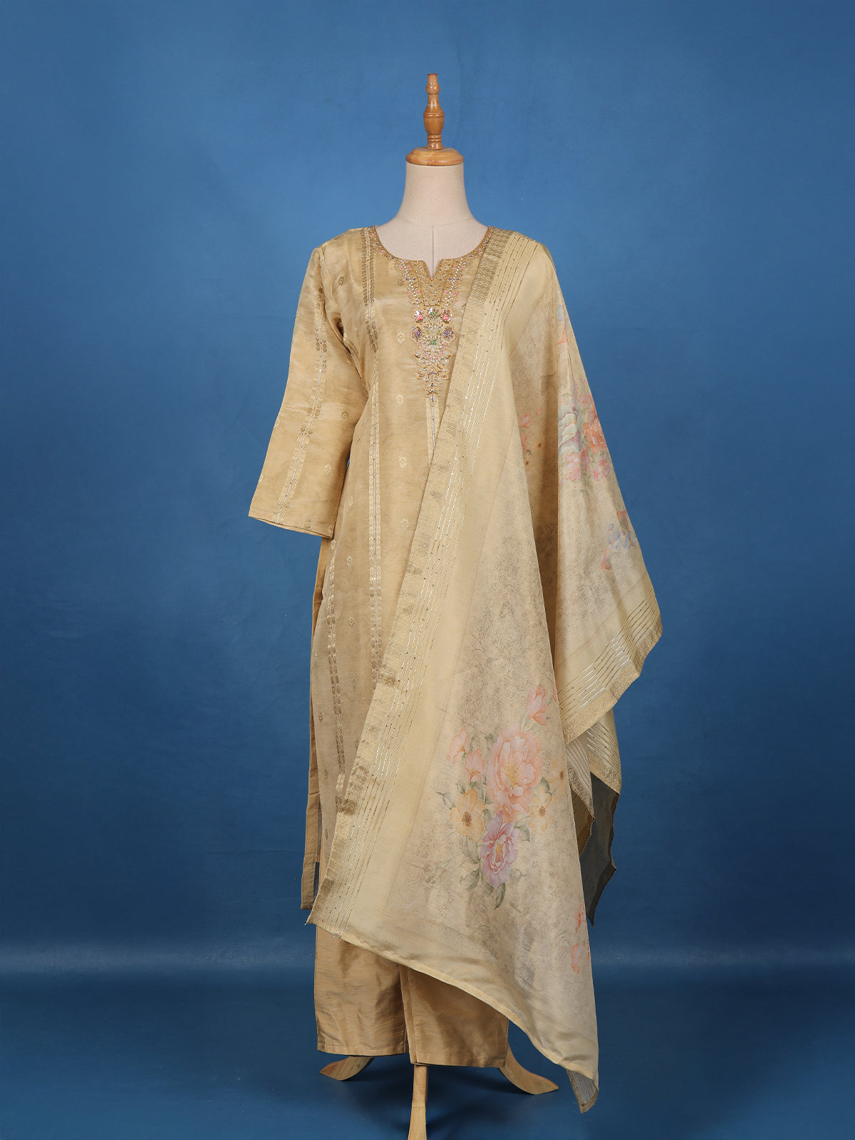 Beige Zari Embroidered Tussar Silk Salwar Suit with Floral Dupatta