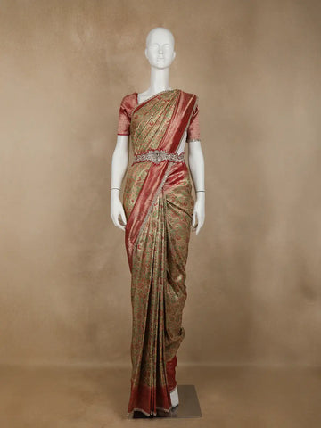 Golden Brown Floral Woven and Stone Work Banarasi Silk Saree - Diadem