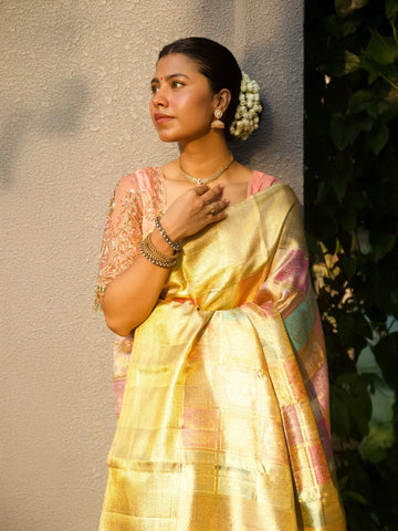 Golden and Multicolor Pure Kanchipuram Tissue Silk Saree - Diadem