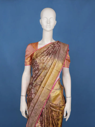 Gold & Maroon Floral Woven Kanchipuram Silk Saree – Bridal & Festive Elegance - Diadem