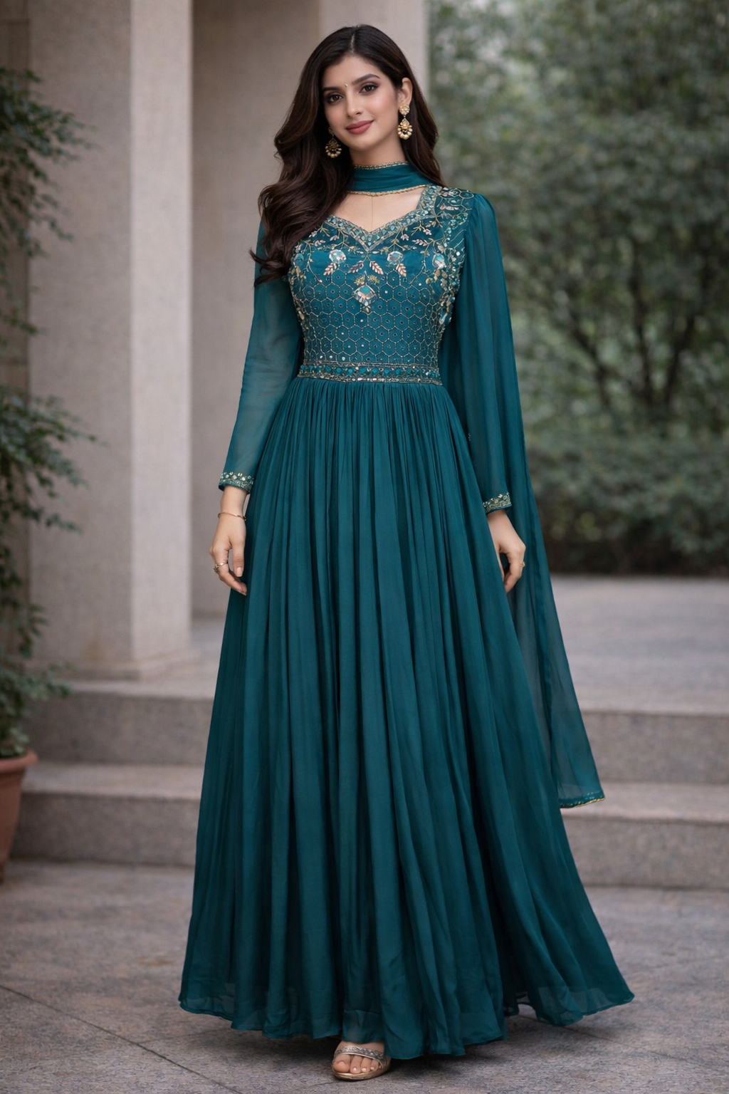 Teal Blue Floral Design Mirror Work Embroidery Crepe Gown | Diadem Teal Blue Floral Design Mirror Work Embroidery Crepe Gown | Diadem
