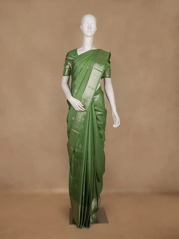 Green Checked Woven Pure Kanchipuram Silk Saree With Zari Border - Diadem