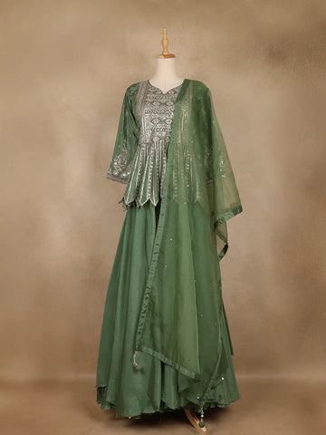 Green Floral Designed Semi Silk Lehenga - Diadem
