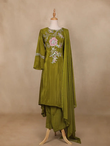 Green Floral Designed Tissue Organza Salwar Suit - Diadem
