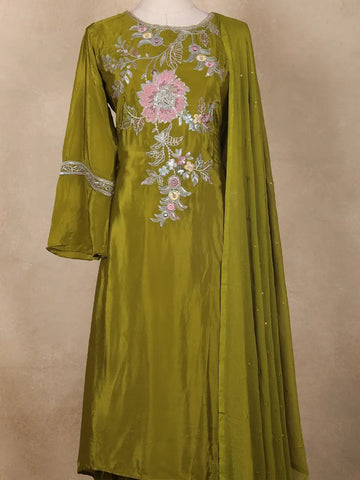 Green Floral Designed Tissue Organza Salwar Suit - Diadem