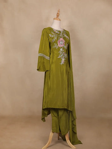 Green Floral Designed Tissue Organza Salwar Suit - Diadem
