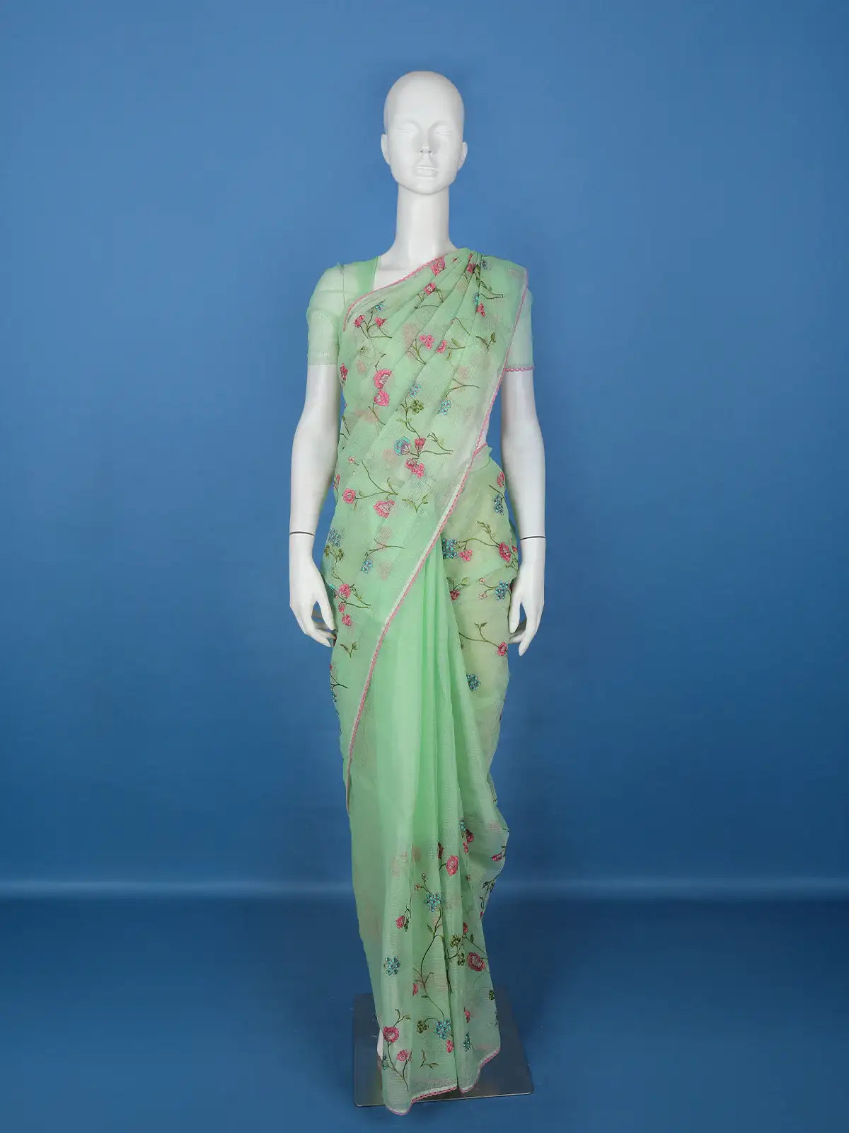 Green Floral Embroidered Kota Cotton Saree - Diadem