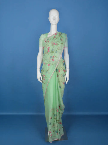 Green Floral Embroidered Kota Cotton Saree - Diadem