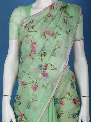 Green Floral Embroidered Kota Cotton Saree - Diadem