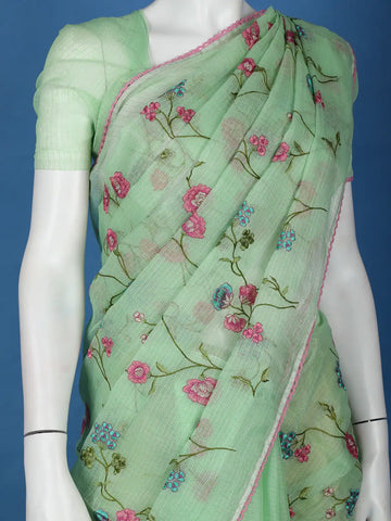 Green Floral Embroidered Kota Cotton Saree - Diadem