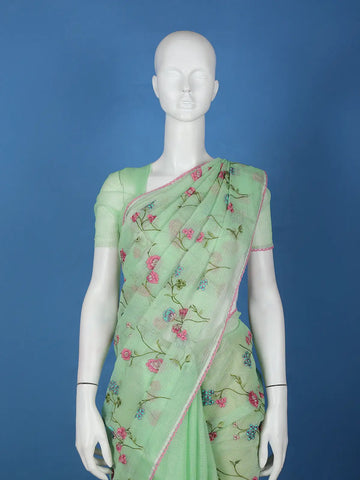 Green Floral Embroidered Kota Cotton Saree - Diadem