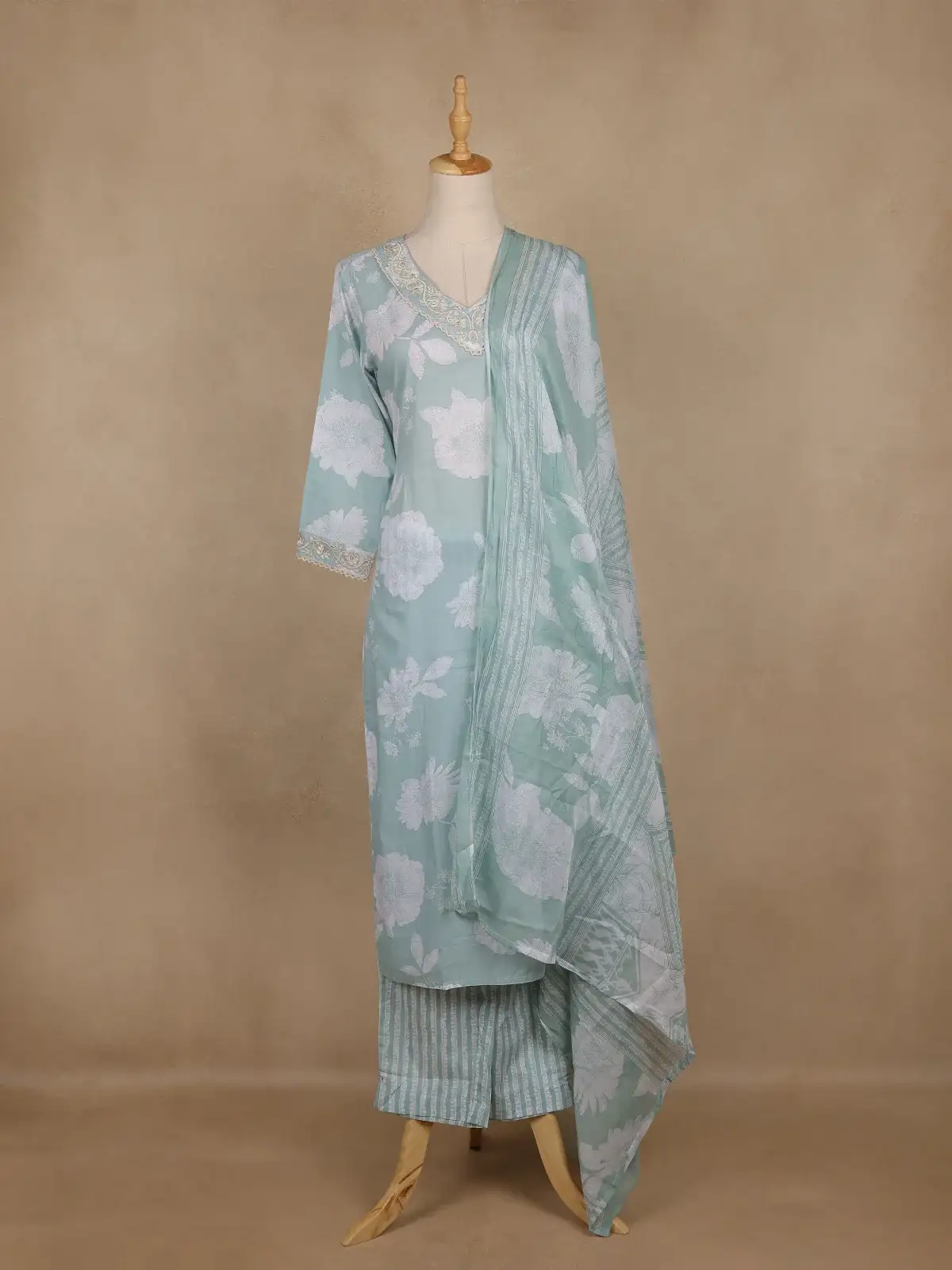 Light Green Floral Printed Cotton Salwar Suit With Dupatta - Diadem