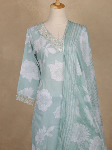 Light Green Floral Printed Cotton Salwar Suit With Dupatta - Diadem