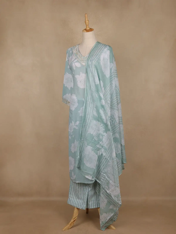 Light Green Floral Printed Cotton Salwar Suit With Dupatta - Diadem
