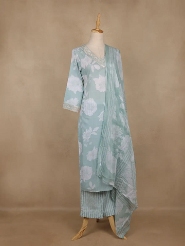 Light Green Floral Printed Cotton Salwar Suit With Dupatta - Diadem