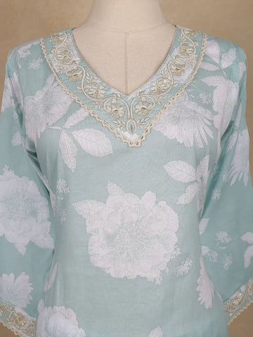 Light Green Floral Printed Cotton Salwar Suit With Dupatta - Diadem