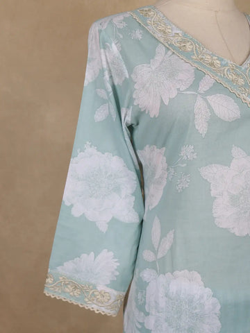 Light Green Floral Printed Cotton Salwar Suit With Dupatta - Diadem