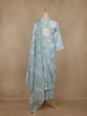 Light Green Floral Printed Cotton Salwar Suit With Dupatta - Diadem