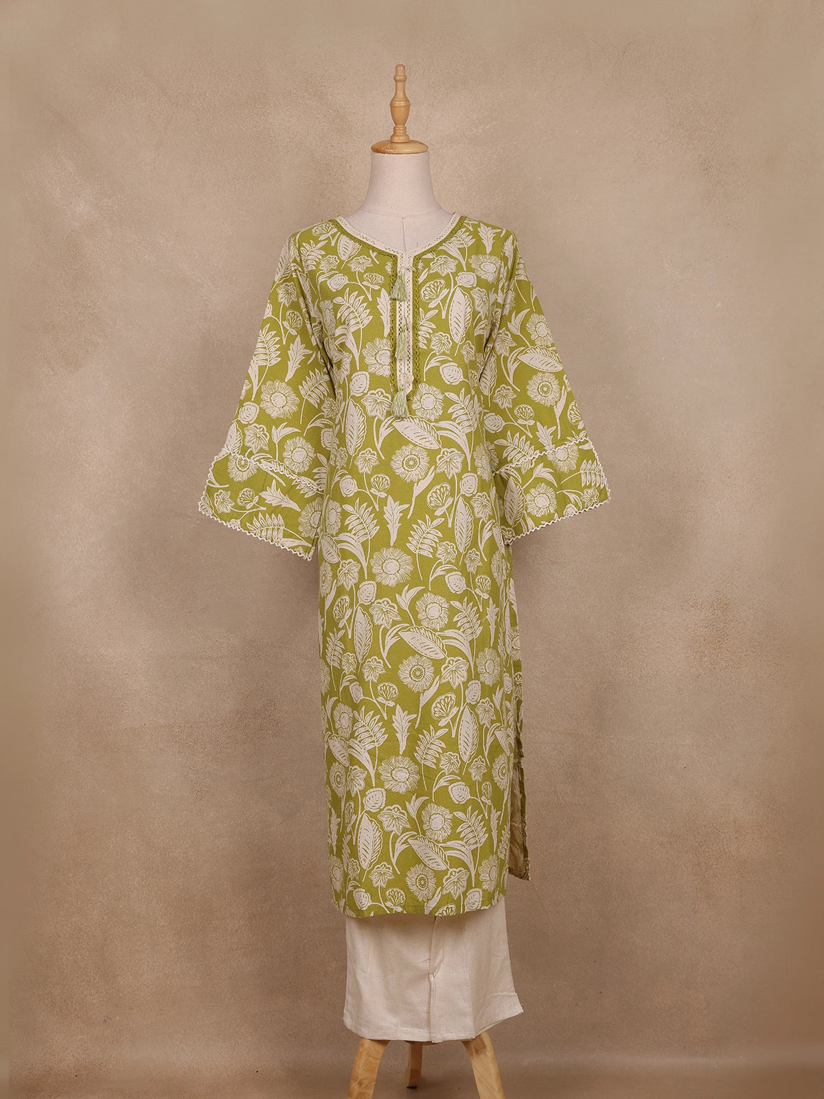 Green Floral Printed Cotton Salwar With Crochet Lace Detailing