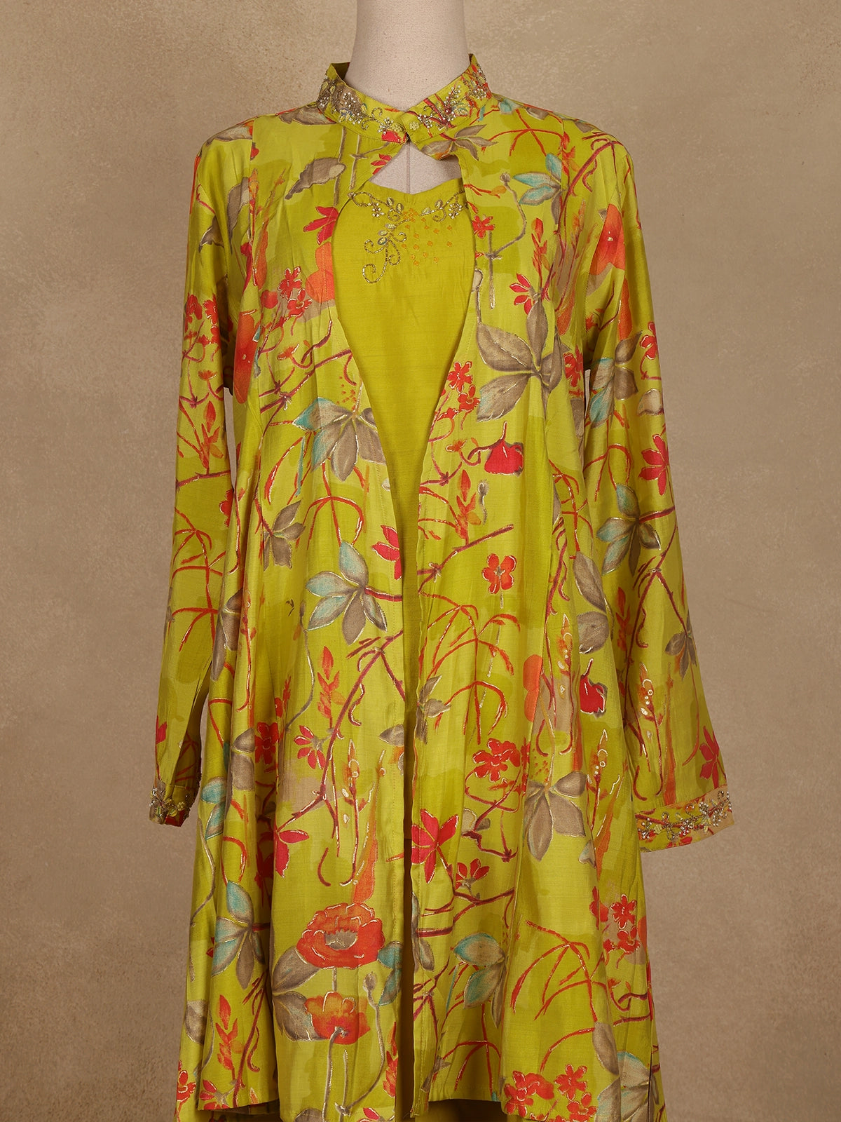 Green Floral Printed Crepe Silk Palazzo Suit with Jacket