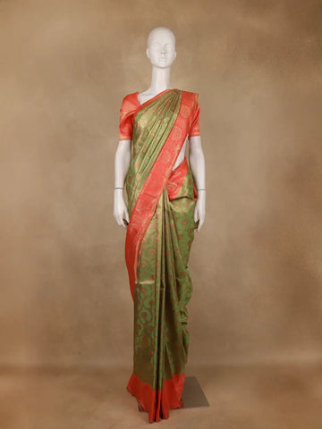 Green Floral Woven Pure Kanchipuram Silk Saree with Contrast Zari Border - Diadem
