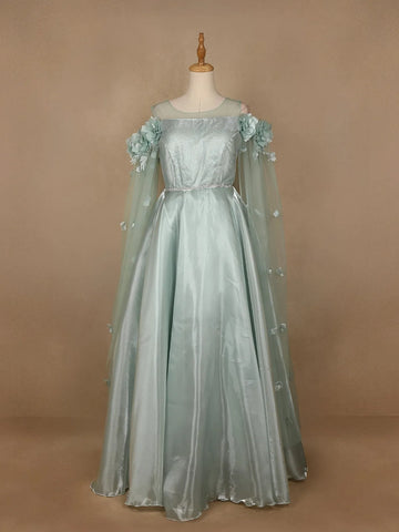 Green 3D Floral Designed Organza Party Gown - Diadem
