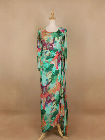 Green Abstract Printed Crepe Gown - Diadem