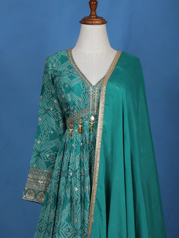 Green Floral Design Bead And Printed Work Georgette Gown - Diadem