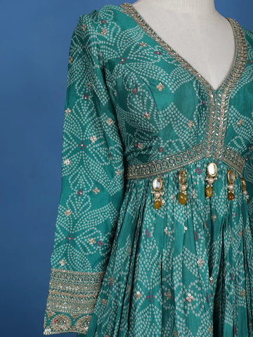 Green Floral Design Bead And Printed Work Georgette Gown - Diadem