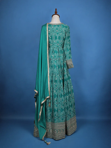 Green Floral Design Bead And Printed Work Georgette Gown - Diadem
