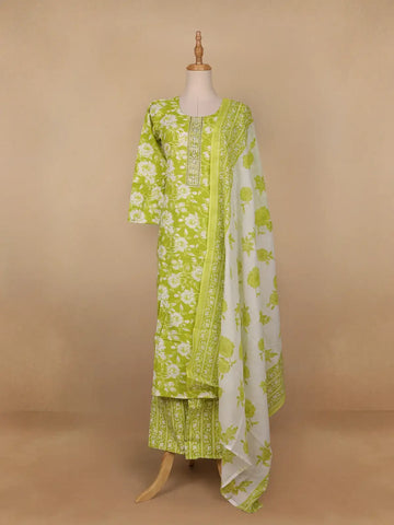 Green Floral Designed Cotton Salwar Suit - Diadem