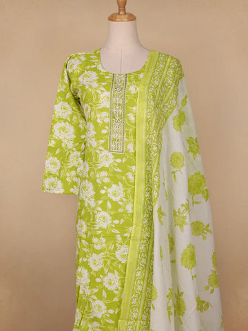 Green Floral Designed Cotton Salwar Suit - Diadem