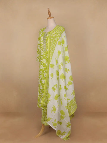Green Floral Designed Cotton Salwar Suit - Diadem