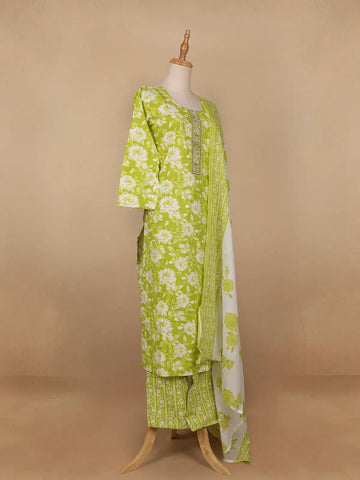Green Floral Designed Cotton Salwar Suit - Diadem