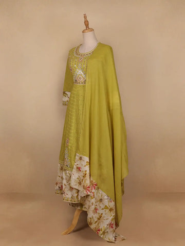 Green Floral Designed Cotton Salwar Suit - Diadem