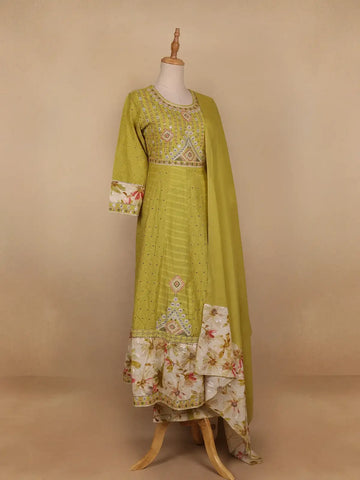 Green Floral Designed Cotton Salwar Suit - Diadem