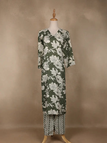 Green Floral Designed Cotton Salwar Suit - Diadem