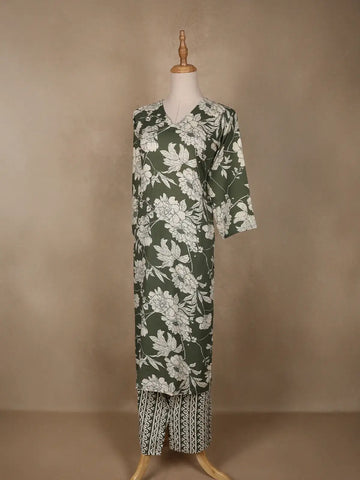 Green Floral Designed Cotton Salwar Suit - Diadem