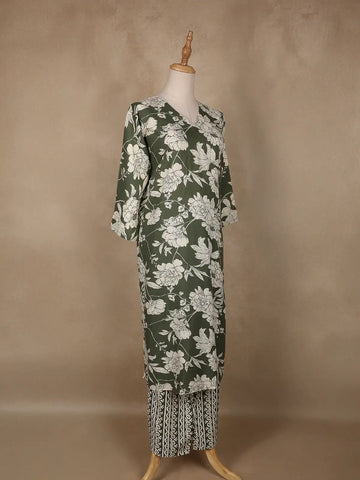 Green Floral Designed Cotton Salwar Suit - Diadem